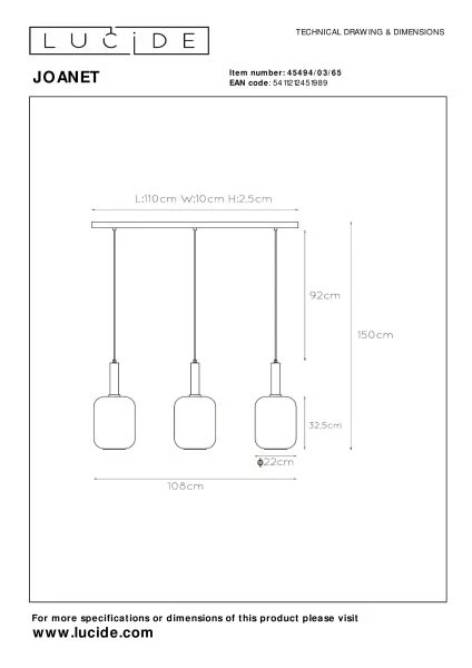 Lucide JOANET - Suspension - 3xE27 - Fumé - TECHNISCH